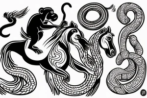 A monkey riding on top of a horse , the monkey is holding a snake in his hand tattoo idea