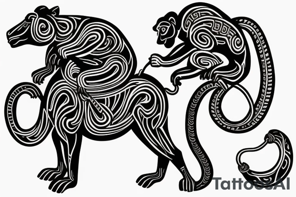 A monkey riding on top of a horse , the monkey is holding a snake in his hand tattoo idea