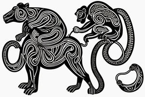 A monkey riding on top of a horse , the monkey is holding a snake in his hand tattoo idea