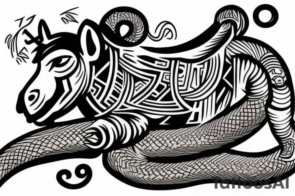 A monkey riding on top of a horse , the monkey is holding a snake in his hand tattoo idea