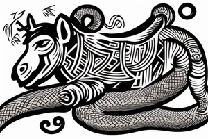A monkey riding on top of a horse , the monkey is holding a snake in his hand tattoo idea