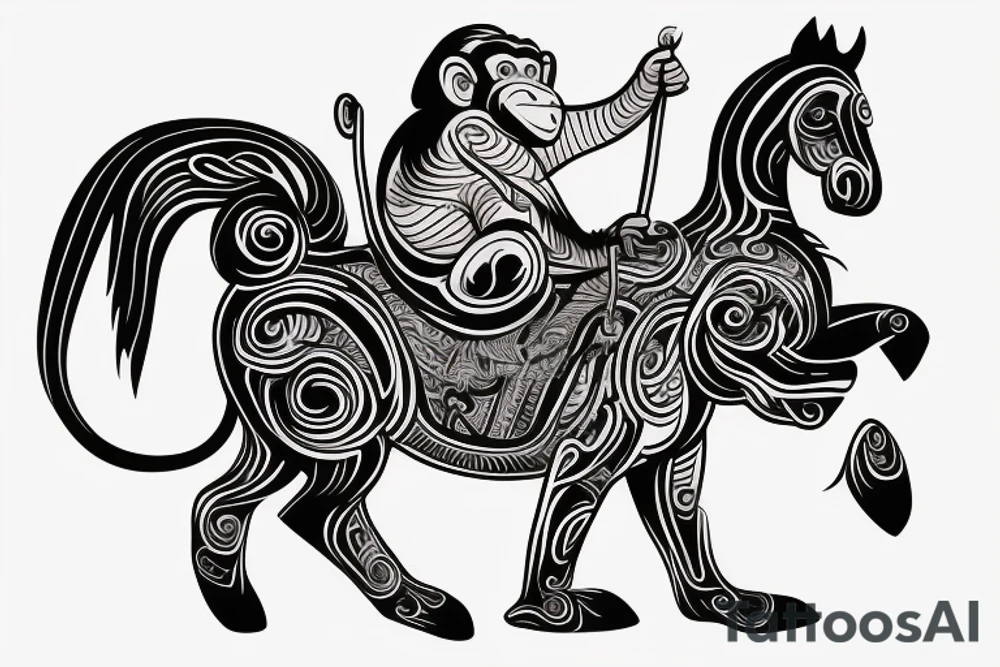 A monkey riding on top of a horse , the monkey is holding a snake in his hand tattoo idea