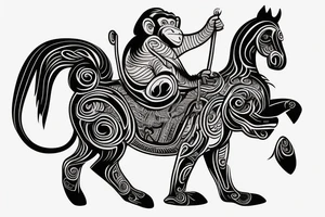 A monkey riding on top of a horse , the monkey is holding a snake in his hand tattoo idea