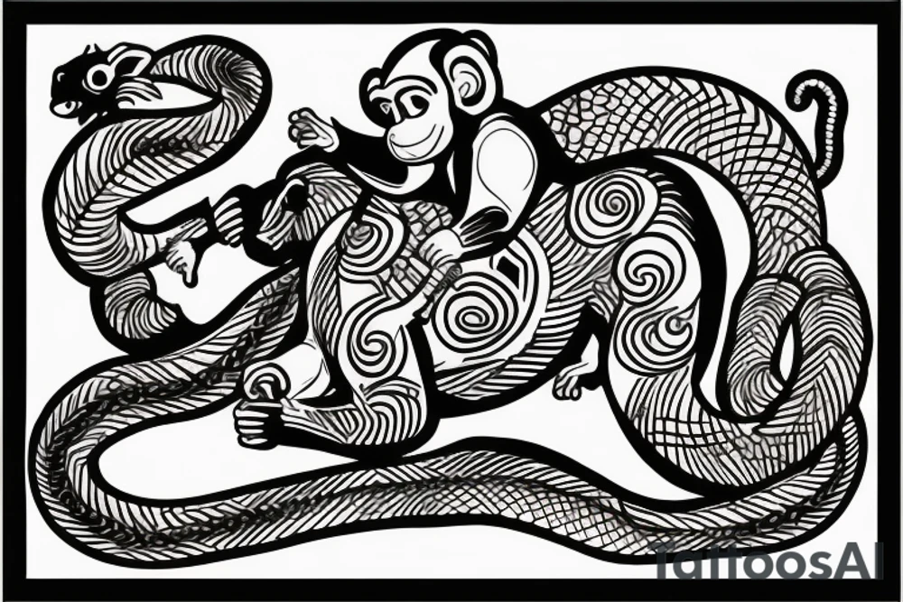 A monkey riding on top of a horse , the monkey is holding a snake in his hand tattoo idea