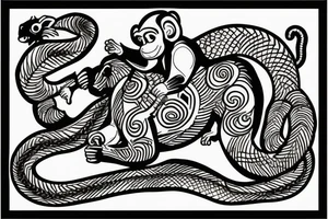 A monkey riding on top of a horse , the monkey is holding a snake in his hand tattoo idea