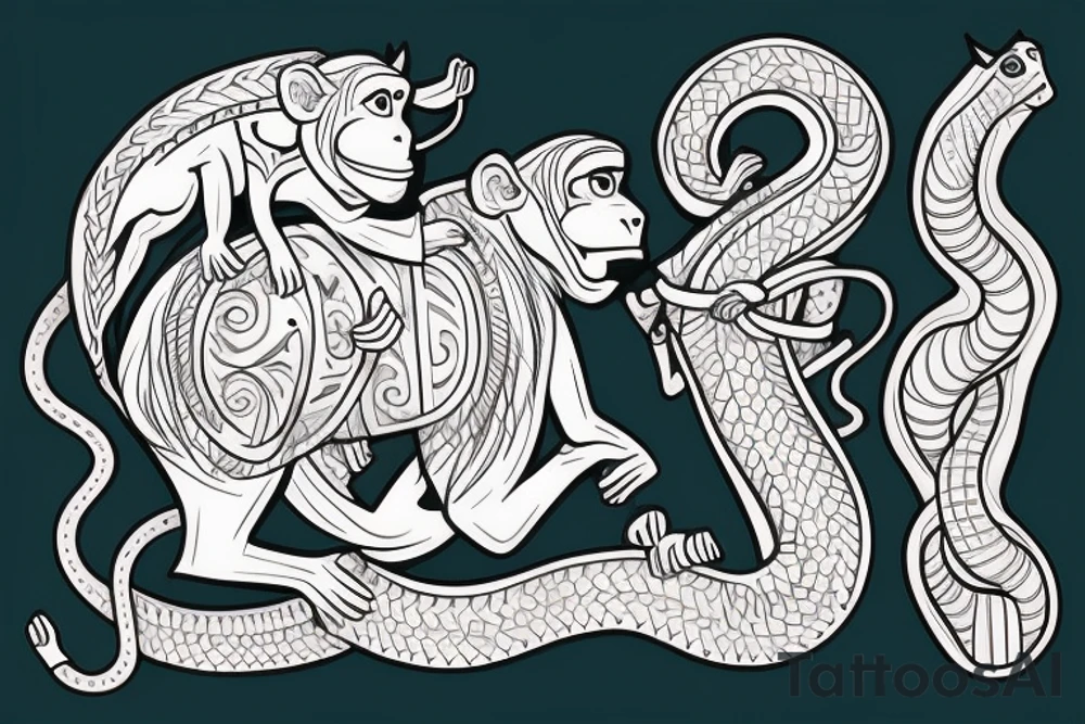 A monkey riding on top of a horse , the monkey is holding a snake in his hand tattoo idea