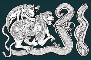 A monkey riding on top of a horse , the monkey is holding a snake in his hand tattoo idea