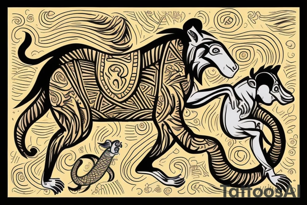 A monkey riding on top of a horse , the monkey is holding a snake in his hand tattoo idea