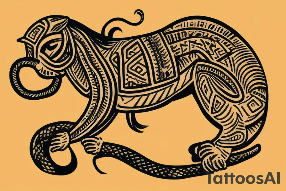 A monkey riding on top of a horse , the monkey is holding a snake in his hand tattoo idea