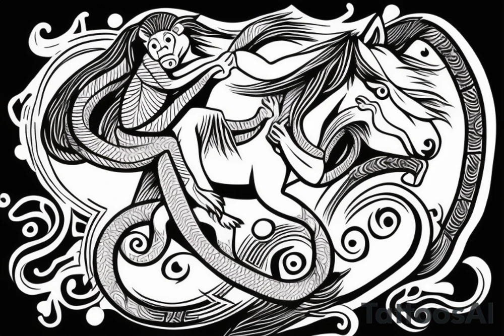 A monkey riding on top of a horse , the monkey is holding a snake in his hand tattoo idea