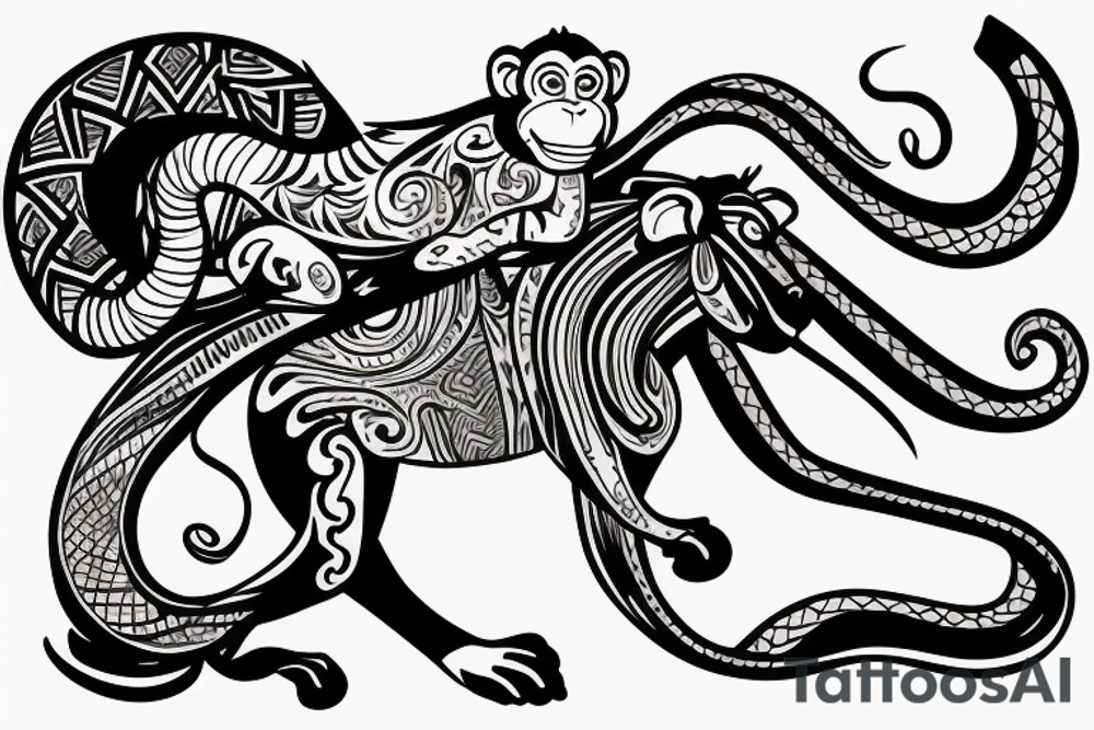A monkey riding on top of a horse , the monkey is holding a snake in his hand tattoo idea