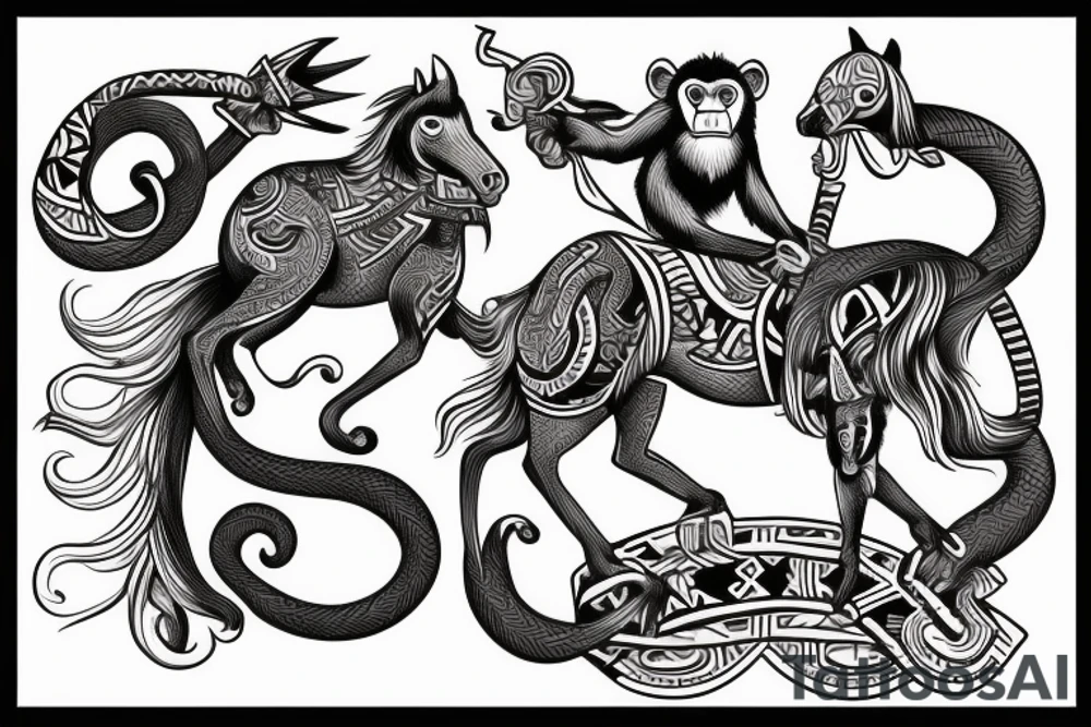 A monkey riding on top of a horse , the monkey is holding a snake in his hand tattoo idea