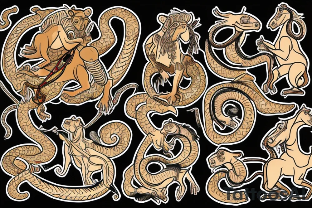 A monkey riding on top of a horse , the monkey is holding a snake in his hand tattoo idea