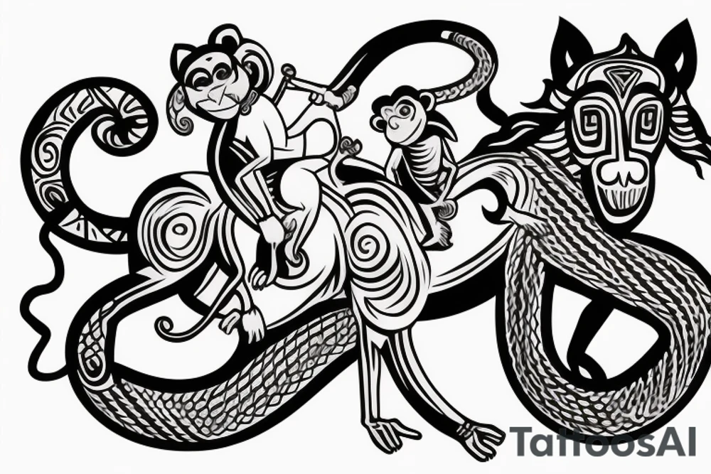 A monkey riding on top of a horse , the monkey is holding a snake in his hand tattoo idea