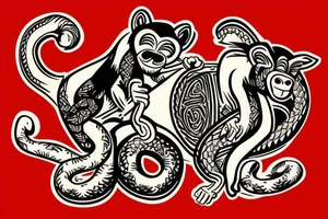 A monkey riding on top of a horse , the monkey is holding a snake in his hand tattoo idea