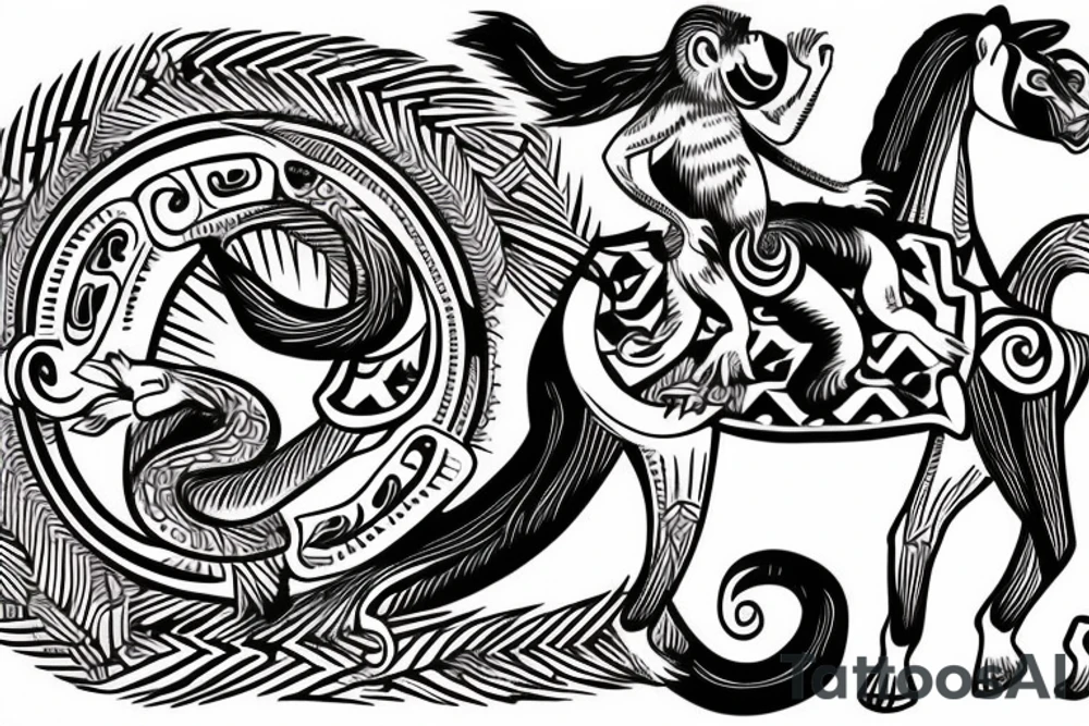 A monkey riding on top of a horse , the monkey is holding a snake in his hand tattoo idea