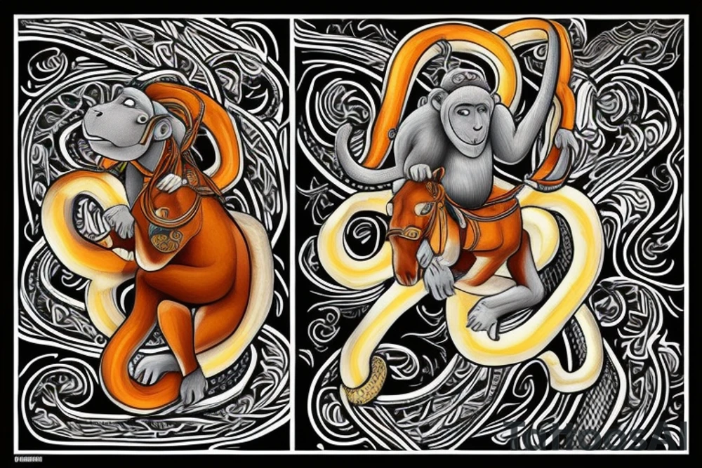 A monkey riding on top of a horse , the monkey is holding a snake in his hand, in a Samoan
 style tattoo idea
