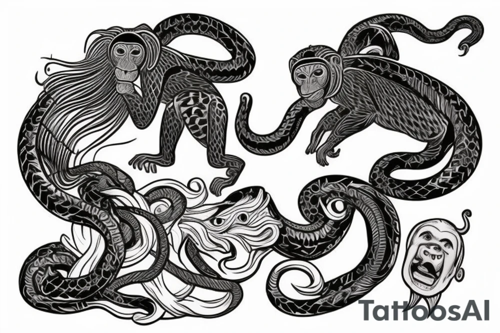 A monkey riding on top of a horse , the monkey is holding a snake in his hand, in a Samoan
 style tattoo idea