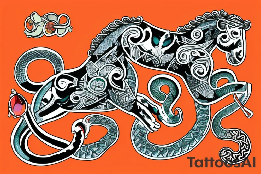 A monkey riding on top of a horse , the monkey is holding a snake in his hand, in a Samoan
 style tattoo idea