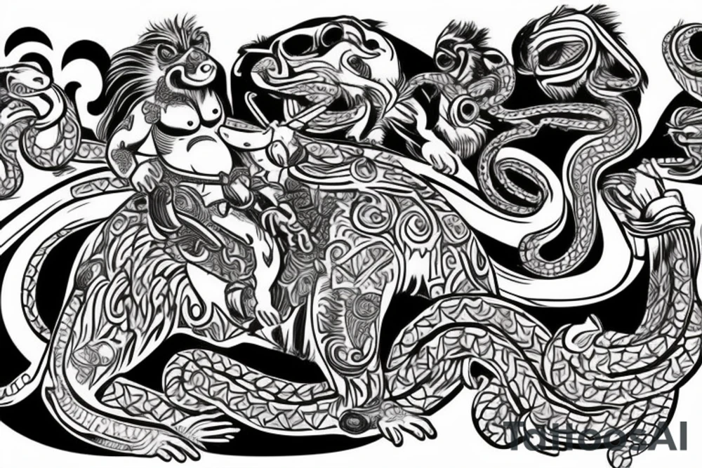 A monkey riding on top of a horse , the monkey is holding a snake in his hand, in a Samoan
 style tattoo idea