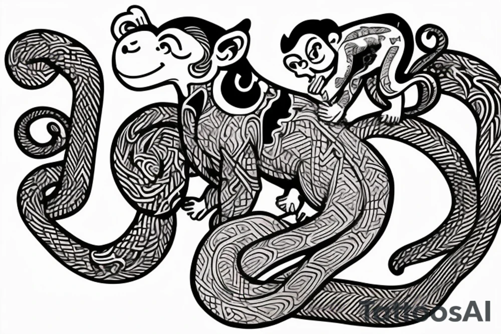 A monkey riding on top of a horse , the monkey is holding a snake in his hand, in a Samoan
 style tattoo idea