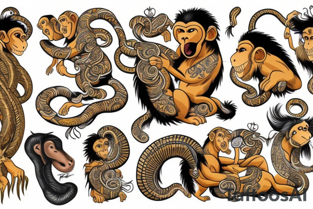 A monkey riding on top of a horse , the monkey is holding a snake in his hand, in a Samoan
 style tattoo idea