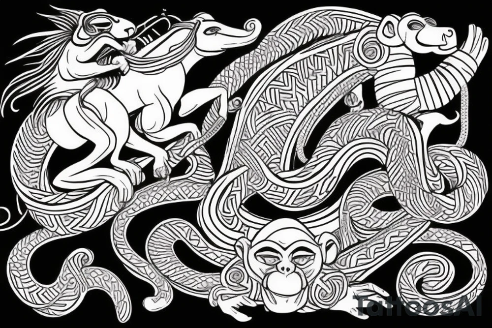 A monkey riding on top of a horse , the monkey is holding a snake in his hand, in a Samoan
 style tattoo idea