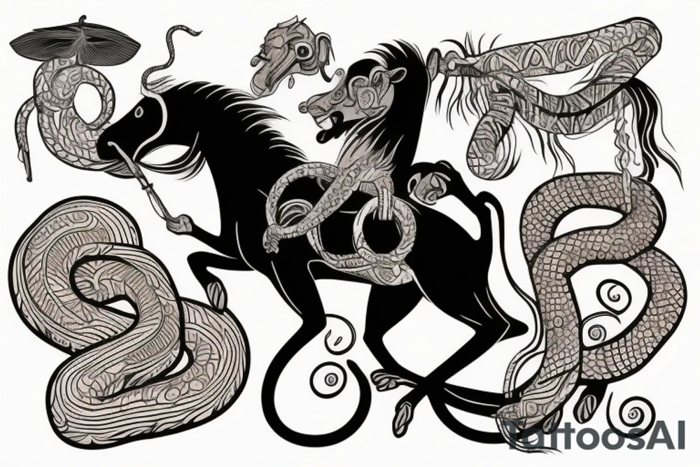 A monkey riding on top of a horse , the monkey is holding a snake in his hand, in a Samoan
 style tattoo idea