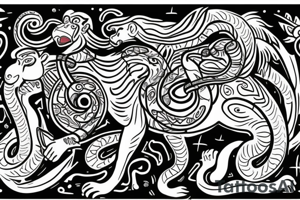 A monkey riding on top of a horse , the monkey is holding a snake in his hand, in a Samoan
 style tattoo idea