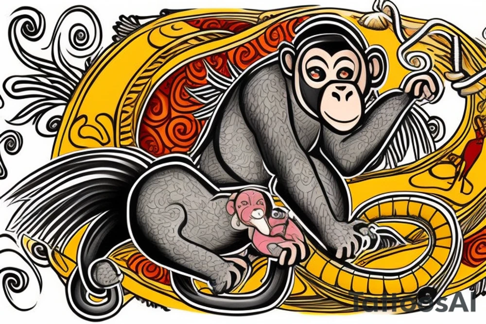 A monkey riding on top of a horse , the monkey is holding a snake in his hand, in a Samoan
 style tattoo idea
