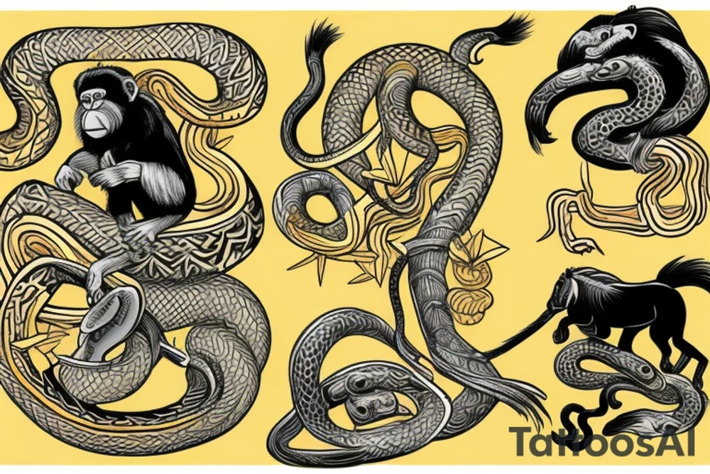 A monkey riding on top of a horse , the monkey is holding a snake in his hand, in a Samoan
 style tattoo idea