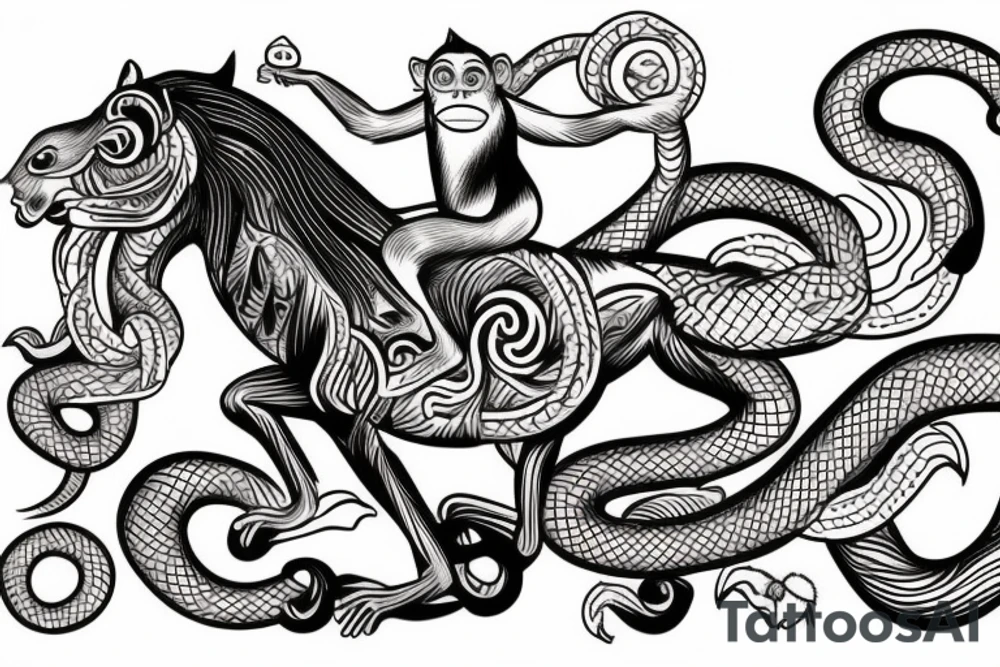 A monkey riding on top of a horse , the monkey is holding a snake in his hand, in a Samoan
 style tattoo idea
