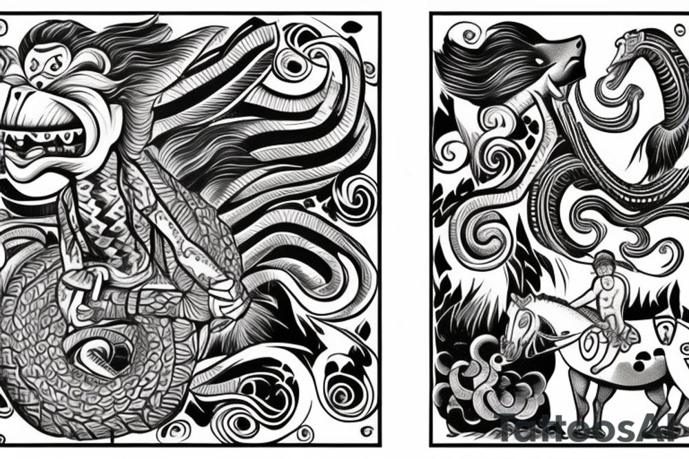 A monkey riding on top of a horse , the monkey is holding a snake in his hand, in a Samoan
 style tattoo idea