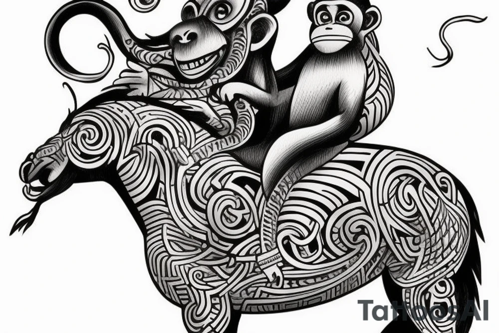 A monkey riding on top of a horse , the monkey is holding a snake in his hand, in a Samoan
 style tattoo idea