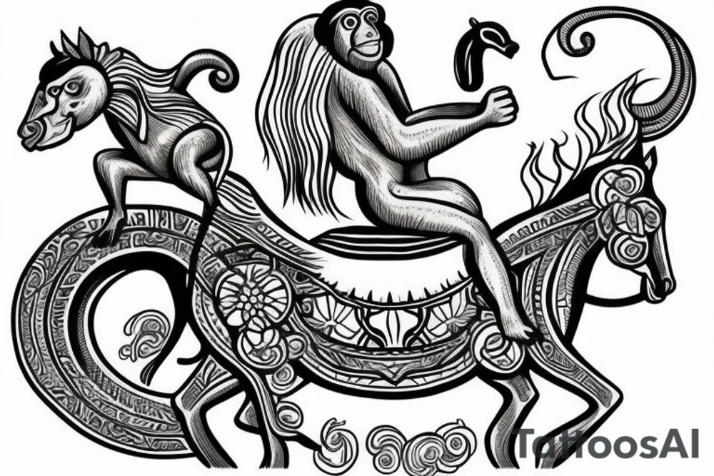 A monkey riding on top of a horse , the monkey is holding a baby snake in his hand, in a Samoan
 style tattoo idea