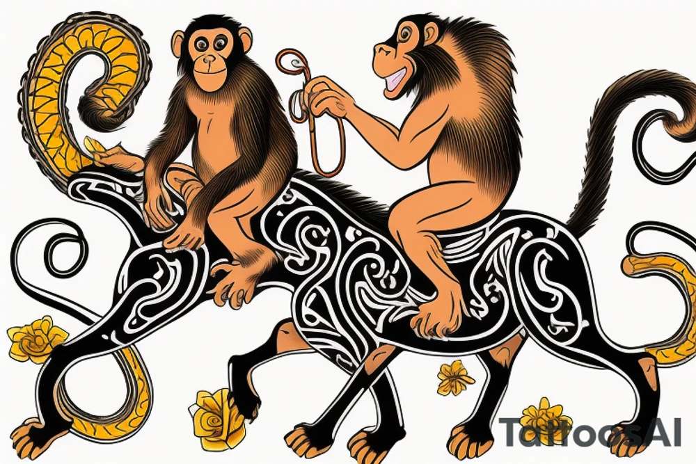 A monkey riding on top of a horse , the monkey is holding a baby snake in his hand, in a Samoan
 style tattoo idea