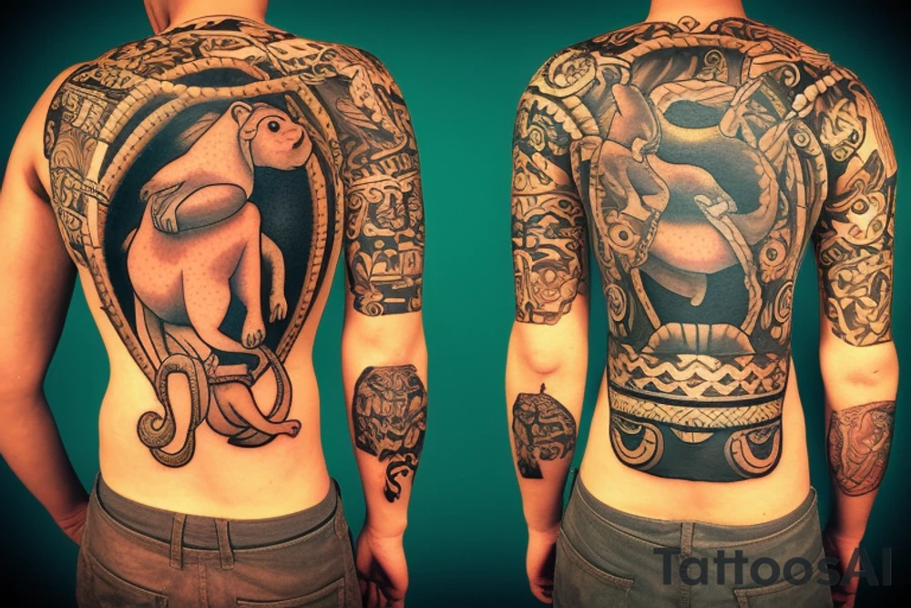 A monkey riding on top of a horse , the monkey is holding a baby snake in his hand, in a Samoan
 style tattoo idea