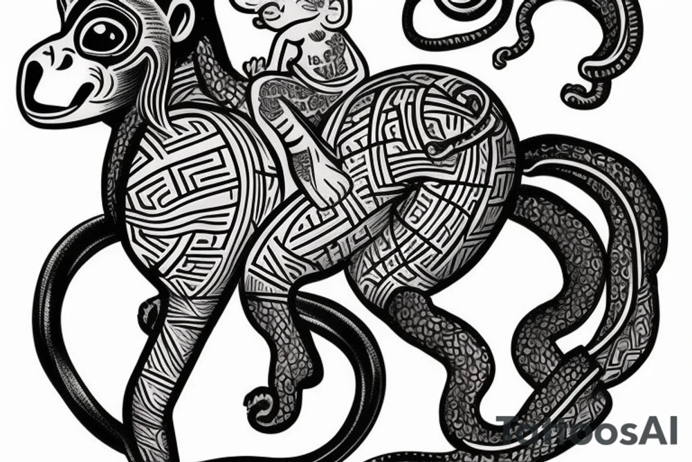 A monkey riding on top of a horse , the monkey is holding a baby snake in his hand, in a Samoan
 style tattoo idea