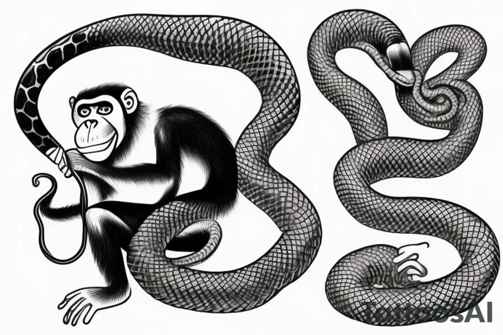 Monkey holding a snake in his hand as a whip while sitting on a horse tattoo idea