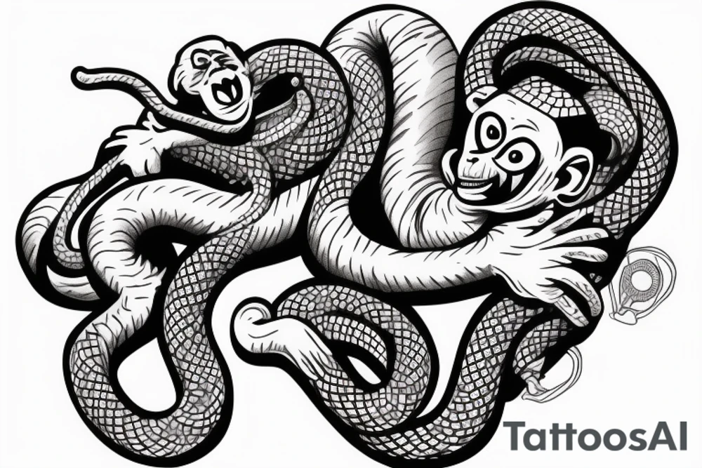 Monkey holding a snake in his hand as a whip while sitting on a horse tattoo idea