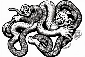 Monkey holding a snake in his hand as a whip while sitting on a horse tattoo idea