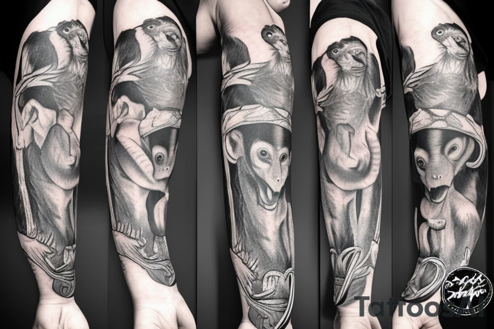 Monkey holding a snake in his hand as a whip while sitting on a horse tattoo idea