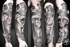 Monkey holding a snake in his hand as a whip while sitting on a horse tattoo idea