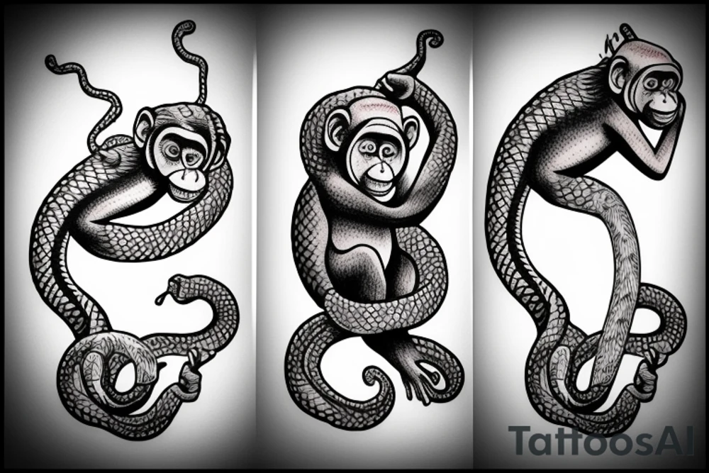 Monkey holding a snake in his hand as a whip while sitting on a horse tattoo idea