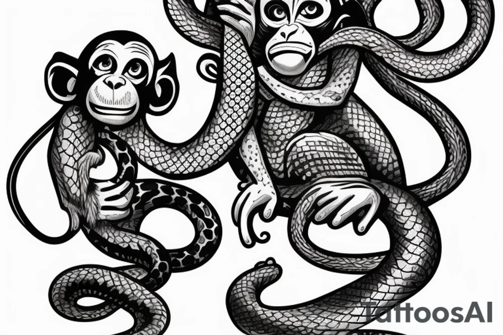 Monkey holding a snake in his hand as a whip while sitting on a horse tattoo idea
