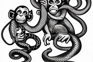Monkey holding a snake in his hand as a whip while sitting on a horse tattoo idea