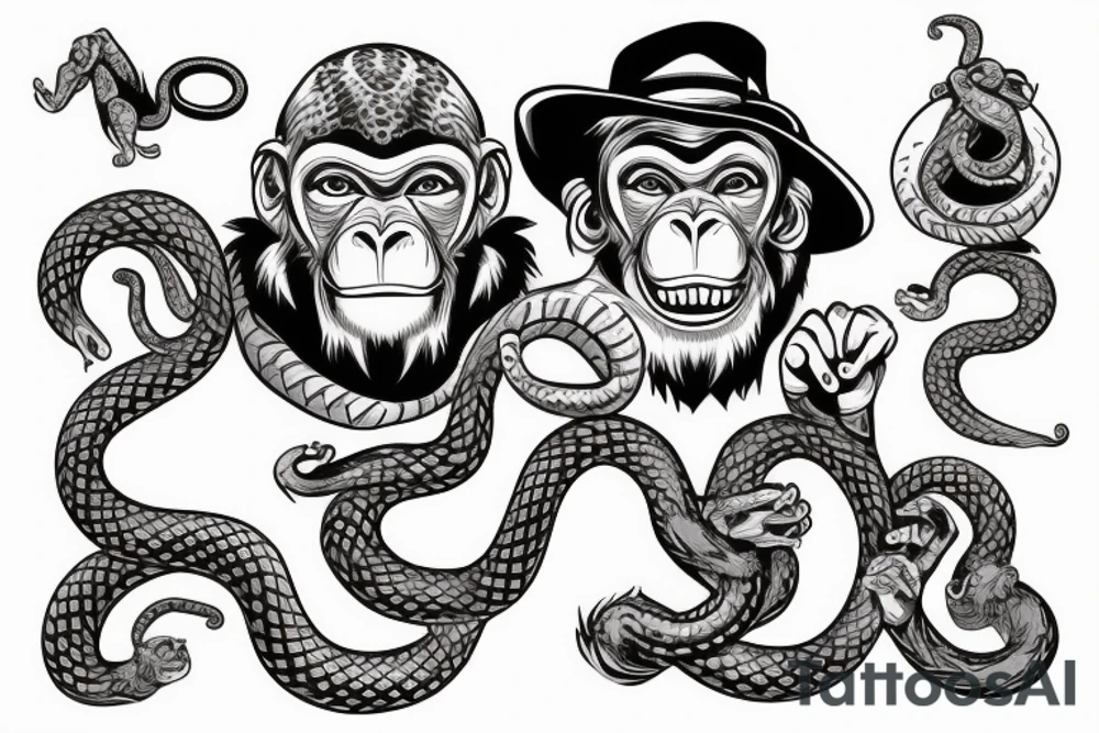 Monkey holding a snake in his hand as a whip while sitting on a horse tattoo idea