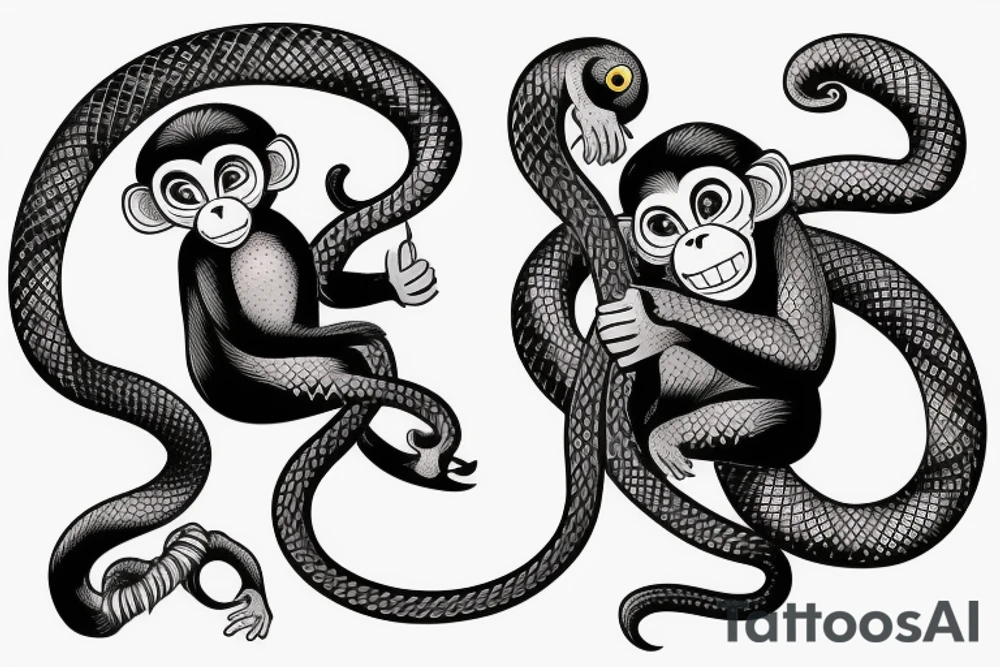 Monkey holding a snake in his hand as a whip while sitting on a horse tattoo idea
