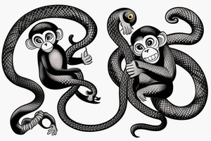 Monkey holding a snake in his hand as a whip while sitting on a horse tattoo idea
