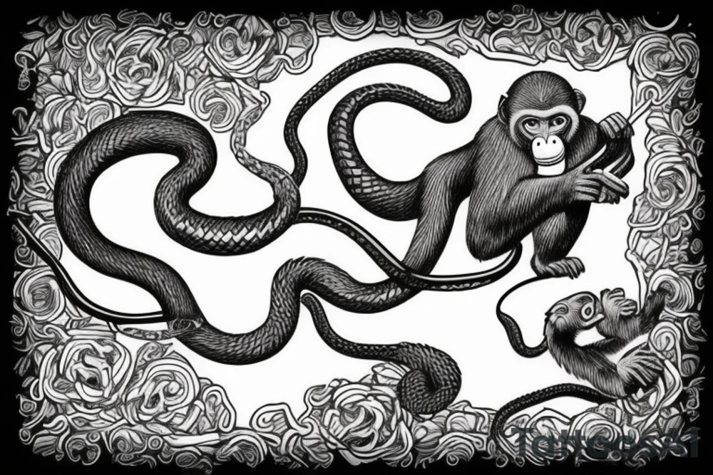 Monkey holding a snake in his hand as a whip while sitting on a horse tattoo idea
